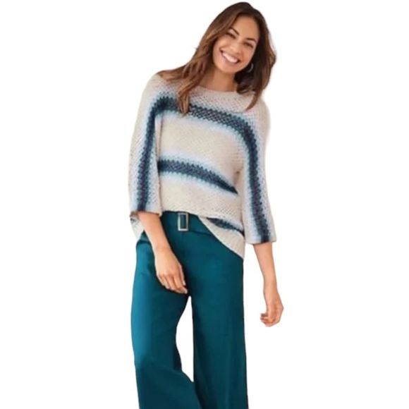 J.‎ Jill Linen Blend Sweater Open Knit Crochet Ombre Stripe Slouchy Size Medium - Picture 1 of 9